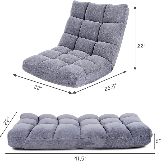 GIANTEX Floor Chairs for Adults, Floor Gaming Chair w/Back Support (Grey) | Coral Velvet, 14 Adjustable Position, Thick Sponge Padding, Floor Seating Lounge for Reading, Watching TV, Meditation - Image 3