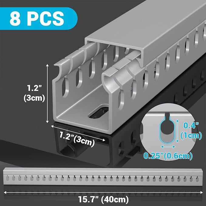 Open Slot Wire Duct Kit, 125.6"(8 x 15.7) Server Rack Cable Management, Cable Management Raceway for Hide Network HDMI VGA Cable, Wiring Raceway Cable Duct, Desk Wire Channel, 8 Pack, Grey - Image 2