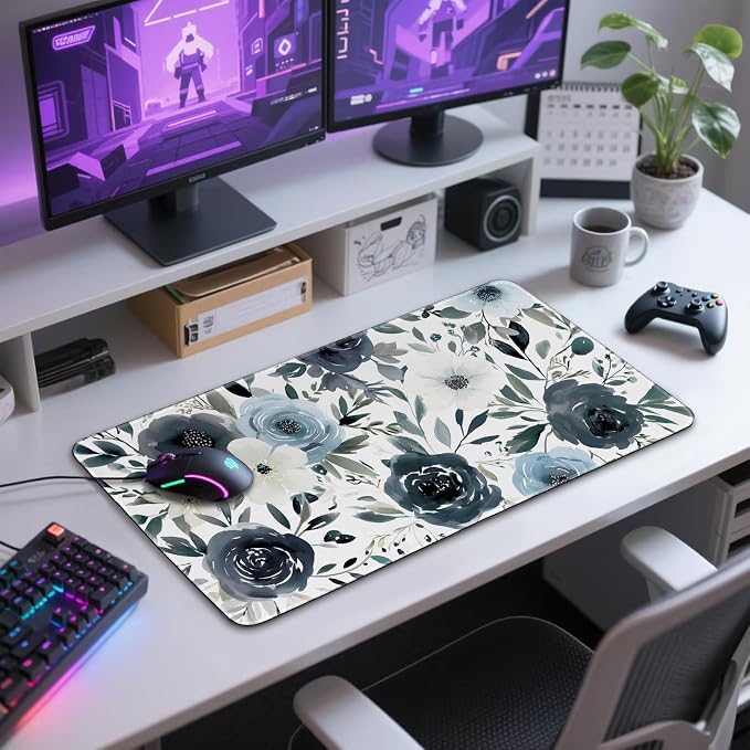 Navy Blue White Floral Large Gaming Mouse Pad Desk Mat 31.5x15.7 | Extended Mousepad, Non-Slip Rubber Base , Stitched Edges, for Computer/Laptop/Office/Home - Image 7