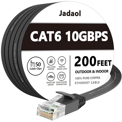 Jadaol Cat6/Cat6A Ethernet Cable 200FT Flat with Clips 10Gbps Network Black by Jadaol