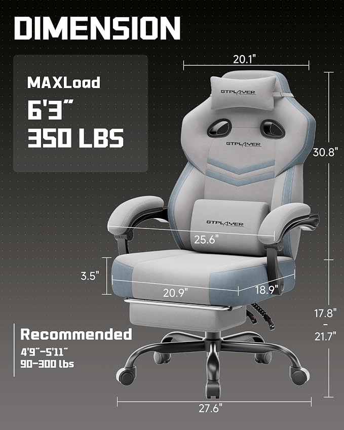 GTPLAYER Big & Tall Gaming Chair, Wide Seat with Footrest, Gray | Ergonomic High Back Computer Desk Chair for Adults, Comfort Padded Seat with Lumbar Support Armrests Recliner for Office/Home - Image 3