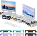 gianotter Dual Monitor Stand Riser With Drawer and 2 Pen Holders | Computer Monitor Stand Desk Organizer and Accessories Desk Shelf for Top of Desk (White) by gianotter
