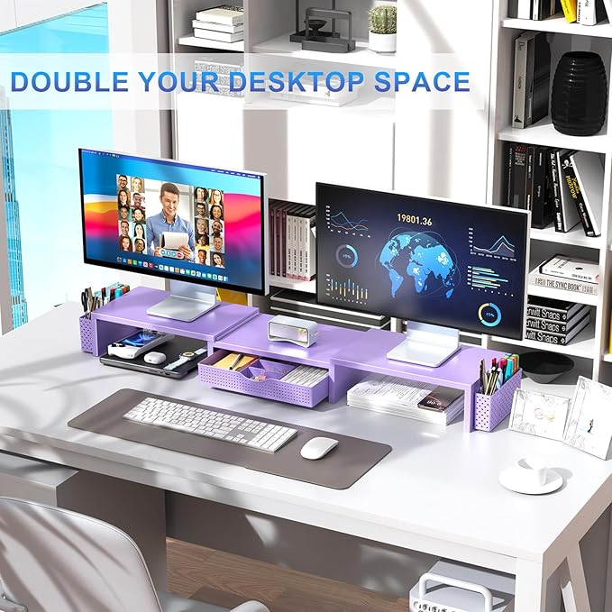 gianotter Dual Monitor Stand Riser With Drawer and 2 Pen Holders | Computer Monitor Stand Desk Organizer and Accessories Desk Shelf for Top of Desk (Purple) - Image 4