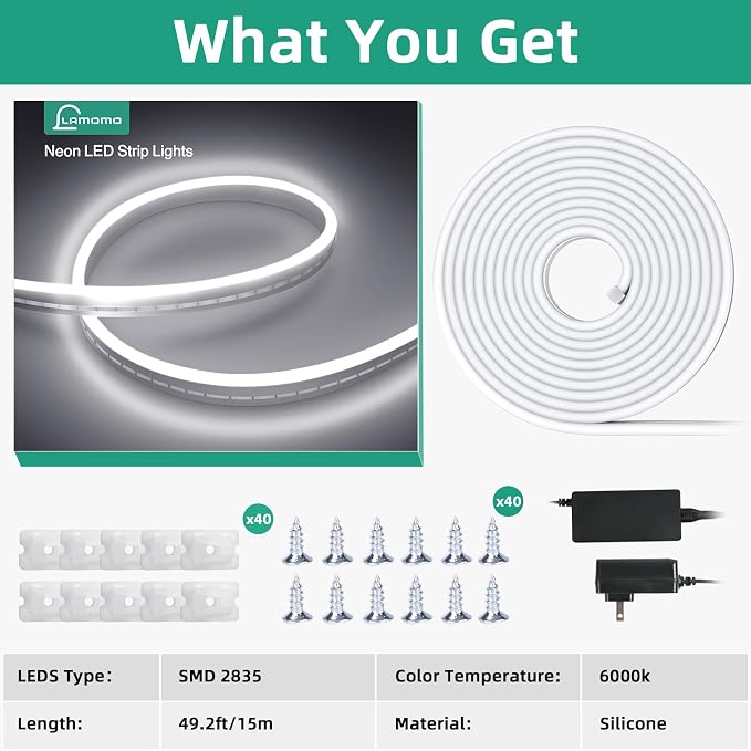 Lamomo LED Strip Lights 49.2FT White, Waterproof Silicone Flexible Neon Rope Light, 6000K Dimmable 1800 LEDs for Indoor, Bedroom, Living Room - Image 7
