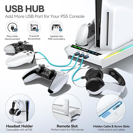 Rysker PS-5/Slim/Pro Cooling Station with Quiet Cooling Fan and Fast Controller Charger for Disc & Digital Console, PS-5 Accessories Incl. 3 USB Ports, Screw and Headset - Image 5