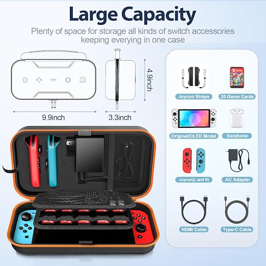 OIVO Switch OLED Carrying Case Compatible with Nintendo Switch & OLED, Portable Switch Travel Carry Case Fit for Joy-Con and Adapter, Hard Shell Protective Switch Pouch Bag with 20 Games, Orange - Image 3