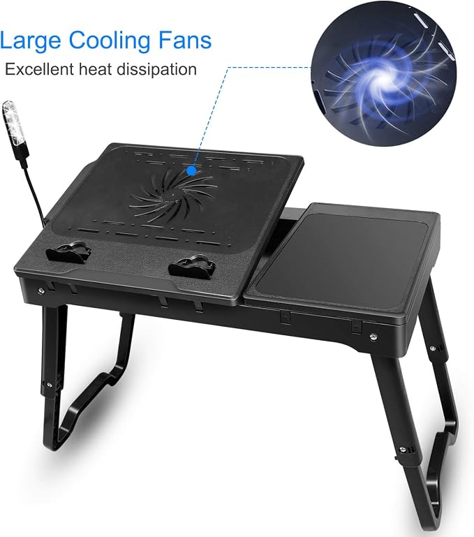 TeqHome Laptop Desk for Bed, Adjustable Table with Fan, Portable Lap Desk, Foldable Legs, Stand for Couch Sofa, Tray with LED Light, 4 USB Ports, Storage, Mouse Pad - Image 3