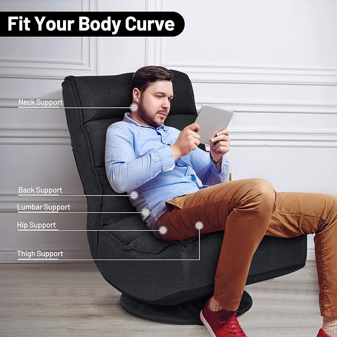 GIANTEX 360 Degree Swivel Gaming Chair, 6 Position Adjustable (Black) | Folding Floor Chair, 300lb Spring Support, Comfortable Padded Backrest, Lazy Sofa Chair Game Rocker for Teens Adults - Image 7