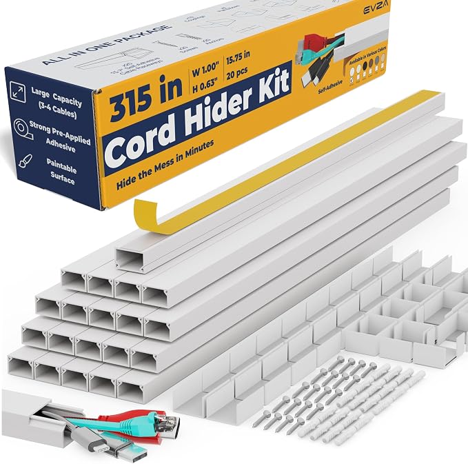 Cord Hider, Wire Cover, Cord Covers Wall Mounted TV, Cable Hider, 315 in Paintable White Raceway Kit, Electrical Cords Concealer, Cable Management, Hide Cords Wall, Wire Molding, Adhesive Channel by EVZA