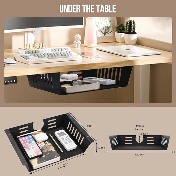 2 Pack Under Desk Shelf - Under Desk Storage Shelf Metals,Under Desk Organizer - Black Under Shelf Storage for Office Tables & Workstations（11 Inch） - Image 6