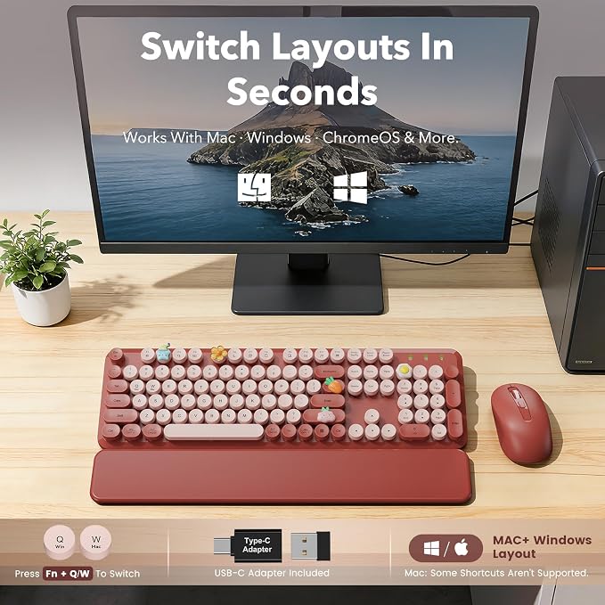 Wireless Keyboard and Mouse Combo, Wine Red Retro Typewriter Style Keyboard with Round Keycaps and Magnetic Wrist Rest, 2.4GHz Wireless for Mac, Windows PC, Laptop, Home Office, School, SABLUTE CK23 - Image 9