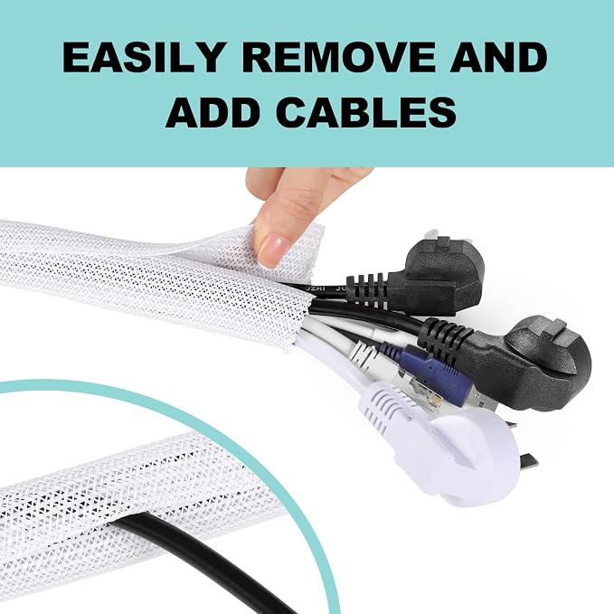 AGPTEK White Cable Management Sleeve, 2 Pack 5ft - 1.2 inch Cord Hider - Image 4
