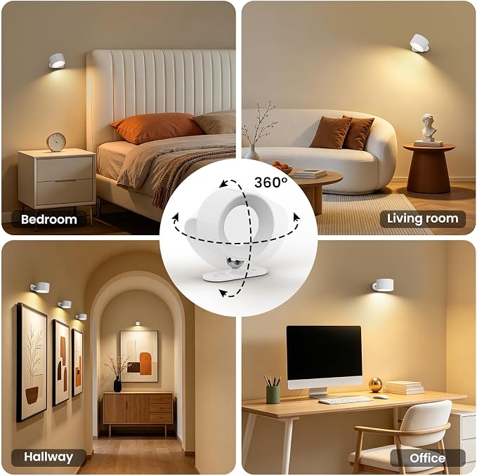 Koopala 2PACK LED Wall Lamps with Rechargeable Battery Operated, Wall Mounted Lights with 3 Brightness 3 Color Temp Removable Charging 360°Rotate Magnetic, Cordless Wall Sconces for Reading Bedside - Image 8