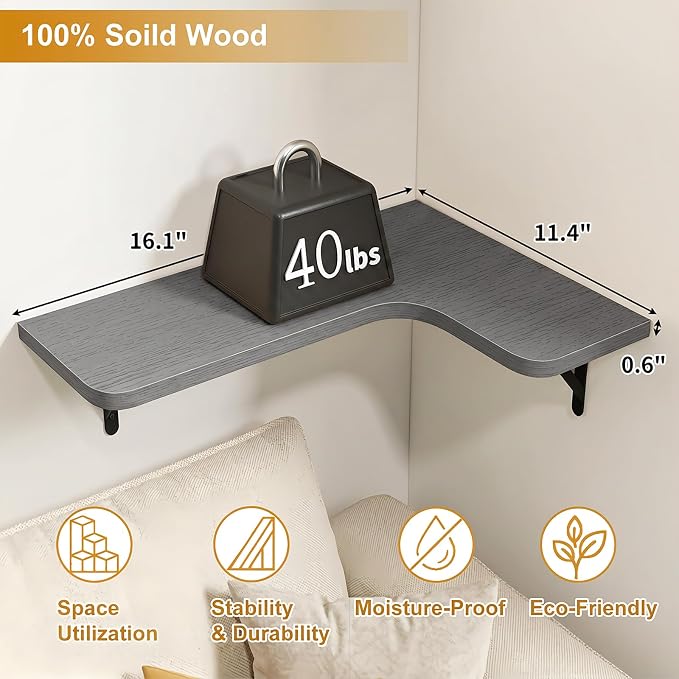 Fixwal Corner Floating Shelves Set of 5, Rustic Wood Wall Mounted Corner Shelf for Bathroom, Kitchen, Bedroom, Home Decor, Laundry Room, Living Room(Gray) - Image 3