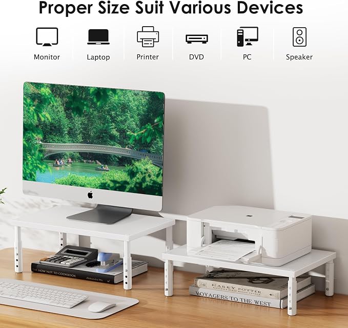 ECOLOVI Adjustable Wood Computer Monitor Stand Riser, Office Desk Organizer and Accessories for Monitor, Laptop, PC, Printer, Office Desk Accessories Workspace Organizer for Home Office Supplies, White - Image 2