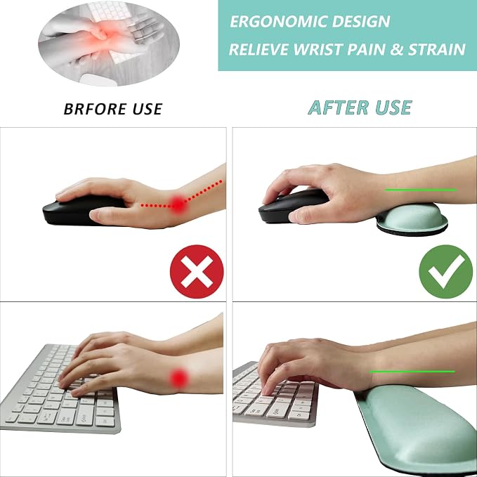 Keyboard Wrist Rest Mouse Wrist Support Set, Memory Foam Wrist Rest Pad for Computer Laptop Keyboard Mouse, Ergonomic Wrist Cushion Support for Typing Pain Relief, Gaming Home Office, Green - Image 2