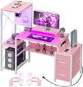 Small Gaming Desk with 2 Fabric Drawers - Reversible Computer Desk with Power Outlet & LED Lights, 49" Office Desk with Monitor Stand & Storage Shelves, Writing Study Table with Pegboard, Pink by Besiost