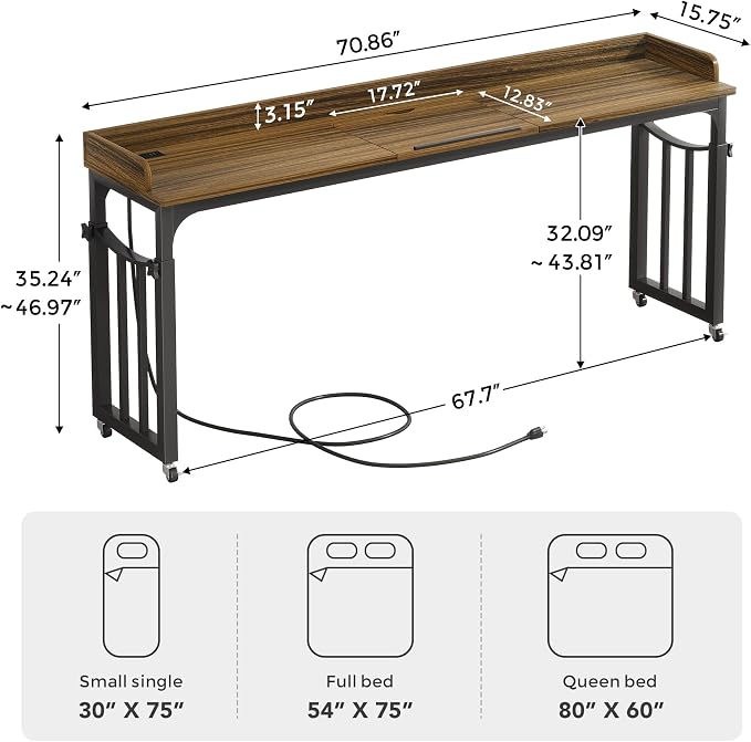 71 in Queen Size Overbed Table with Wheels, Brown - Image 2