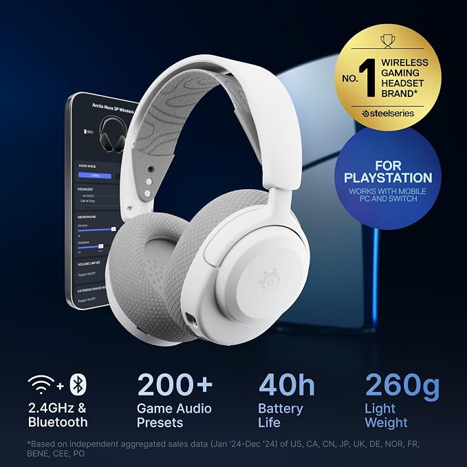 SteelSeries Arctis Nova 3P Wireless Multi-Platform Gaming Headset — Mobile App Control — 40 HR Battery — Neodymium Magnetic Drivers — 2.4GHz/Bluetooth — PS5, PS4, PC, Switch, Mobile — White - Image 2