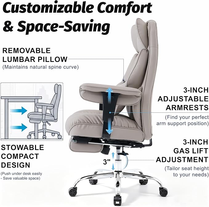Efomao Executive Office Chair 400lbs,Grey Big and Tall Desk Chair | Mattress-grade pocket spring cushion, sleek leather, 135° recline & footrest for computer gaming setup. - Image 6