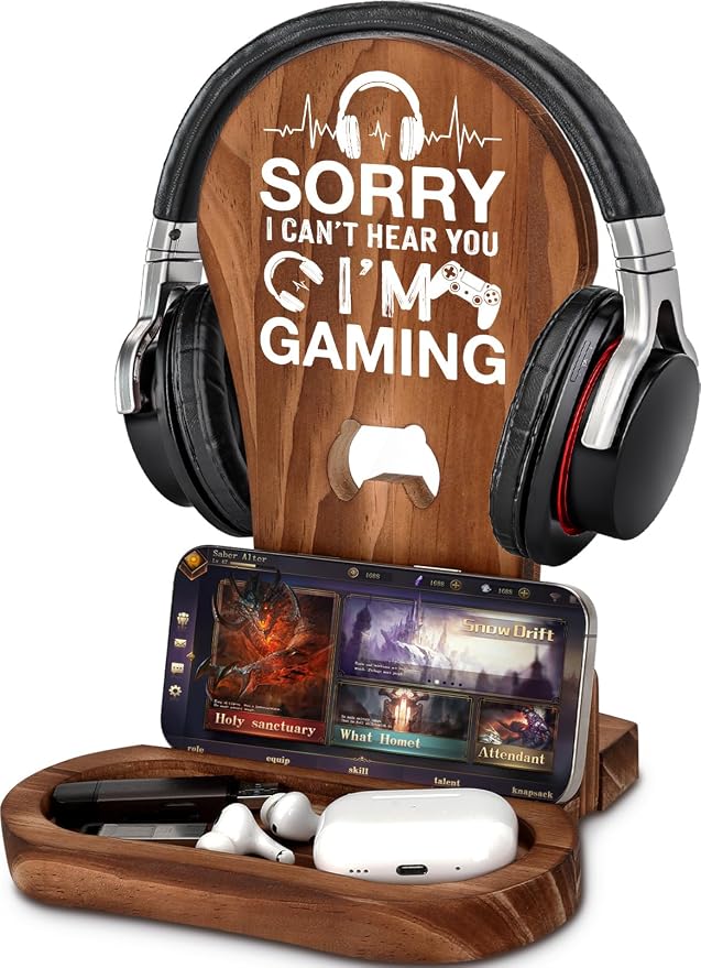 Gamer Gifts for Men Teenage Boys Birthday Christmas, Gaming Headset Stand | Birthday Gifts for Him Men Son Boyfriend Brother, Gamer Lovers Room Decor Stuff Wooden Headset Holder by Crycarrot