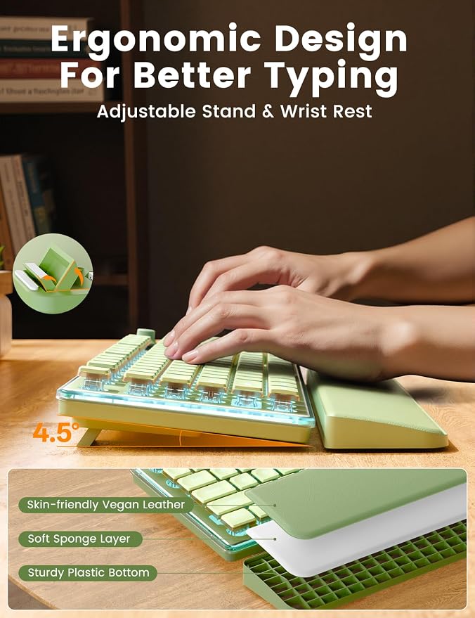 Wireless Keyboard and Mouse Combo - 9 Backlit Effects, Wrist Rest, Double-Shot Keycaps, Metal Panel, Long-Lasting Rechargeable, 2.4G Keyboard Mouse Set for Windows Mac PC Laptop – Sablute (Green) - Image 3