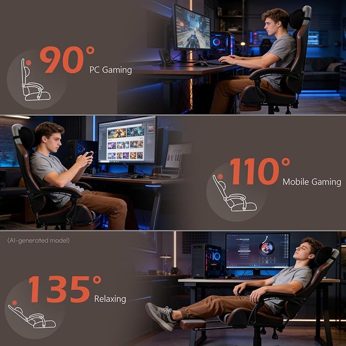 Ergonomic Gaming Chair for Adults with Footrest - PU Leather Computer Gamer Chair with Memory Foam Headrest & Lumbar Pillow, Reclining Silla Gamer Video Game Chair for Home Office, Black & Grey - Image 9
