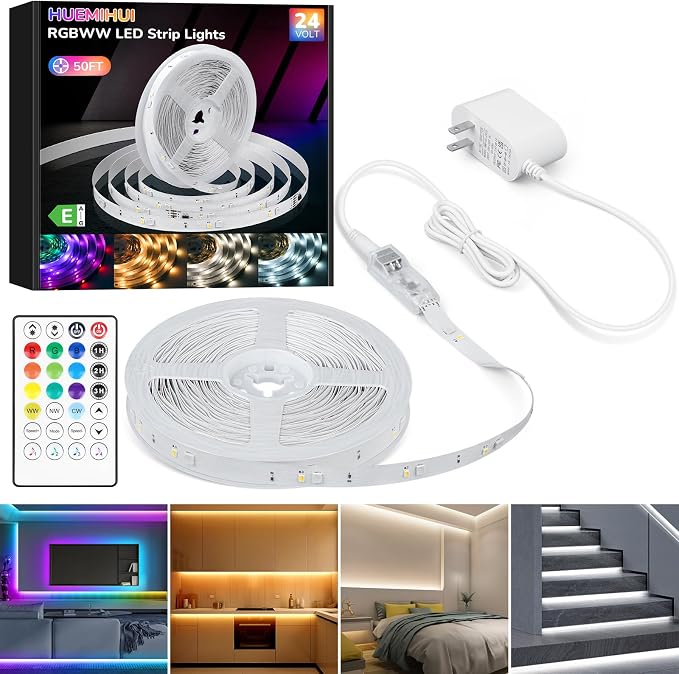 50Ft RGBWW+IC LED Strip Lights, Multi-Colored+3000K-6500K with Remote by HUEMIHUI