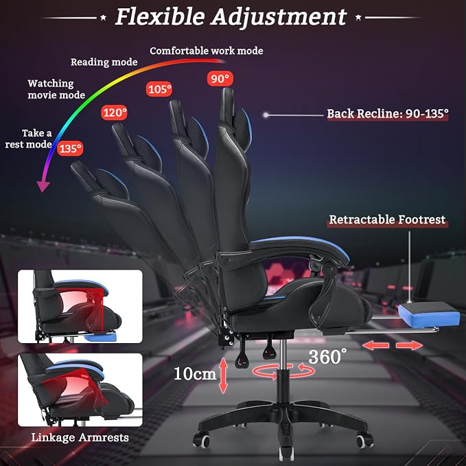 RGB Gaming Chair with LED Lights Massage Ergonomic Computer Chairs-Blue | High Back Video Game Chair with Footrest & Adjustable Lumbar Support Gamer Chairs for Adults Racing Style Recline - Image 7