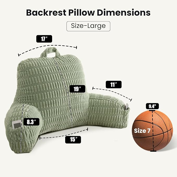 Large Reading Pillow for Sitting Up with Arms,Green Corduroy | Back Pillow for Adults Backrest,19" Sitting Pillow Supports Reading,Gaming & Relaxing in Bed,Couch,Floor - Image 3
