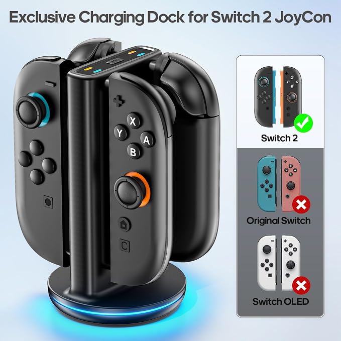 Switch 2 Joycon Charger with 9 RGBs, Switch 2 Controller Charger with Magnetic & Bi-Directional Design, 4 in 1 Joycon 2 Charging Dock Station Stand with Cable for Sega Genesis Console - Image 3