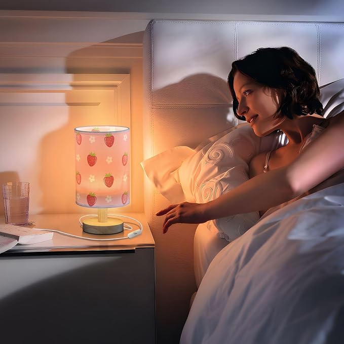 Bedside Table Lamp Cute Strawberry Florals Nightstand Lamp with Wood Fruits Flowers Pink Desk Lamps for Bedroom Living Room Nursery Office Home Decor - Image 5