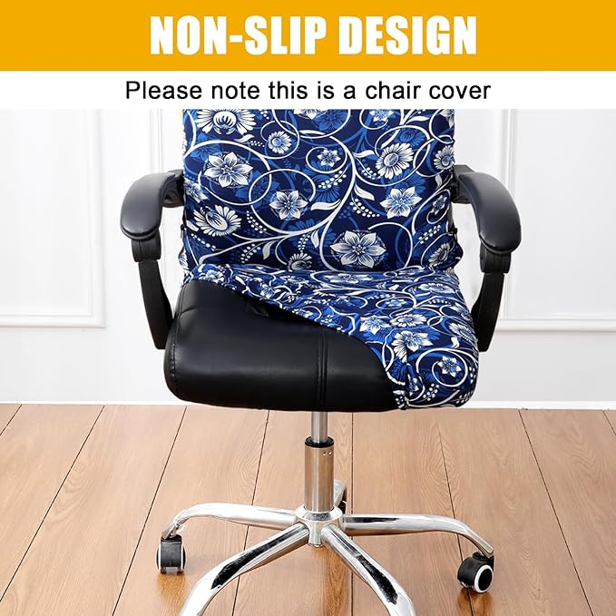 Smiry Stretch Printed Office Computer Desk Chair Covers, Navy Blue | Universal Desk Rotating Chair Slipcovers Removable Washable, Soft Fit Anti-Dust Spandex Protector Cover with Zipper - Image 2