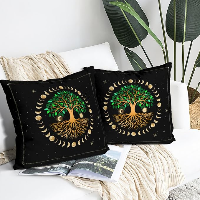 Ancient Tree Life Decorative Throw Pillow Covers Aesthetic Set of 2, Moon Luna Hippie Decor Ourdoor Pillow Cases for Couch Sofa Living Room Bed Chair Decor 18"x18" - Image 2