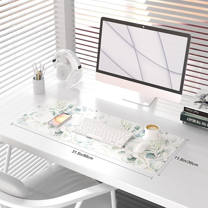 QiyI PU Leather Large Mouse Pad, Office Decor, 31.5" x 11.8", Green Leaves | Desk Décor Accessories, Extended Size, Waterproof & Easy to Clean, Smooth Surface, Non Slip Desk Organization - Image 2