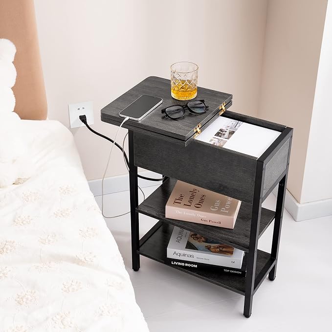 Yoobure End Table with Charging Station, Flip Top Side Table with USB Ports and Outlets, Sofa Couch Table Bedside Table for Living Room Bedroom, Narrow Nightstand with Storage Shelves for Small Space - Image 7
