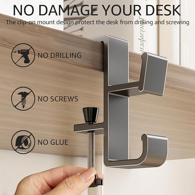 2 PCS Desk Bag Hook, Purse Hook for Table, Aluminum Under Desk Handbag Hanger, Desk Mount Backpack Holder, Umbrellas, Headphone Holder, Back to School Essentials - Cream+Gray - Image 6