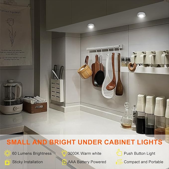 BIGMONAT LED Puck Light, Stick on Lights, Closet Lights Battery Operated, Tap Lights, 60 Lumens Touch Light, Under Cabinet Lighting, Ideal for Kitchen Cabinets, Closets, 3-Pack, Silver - Image 2