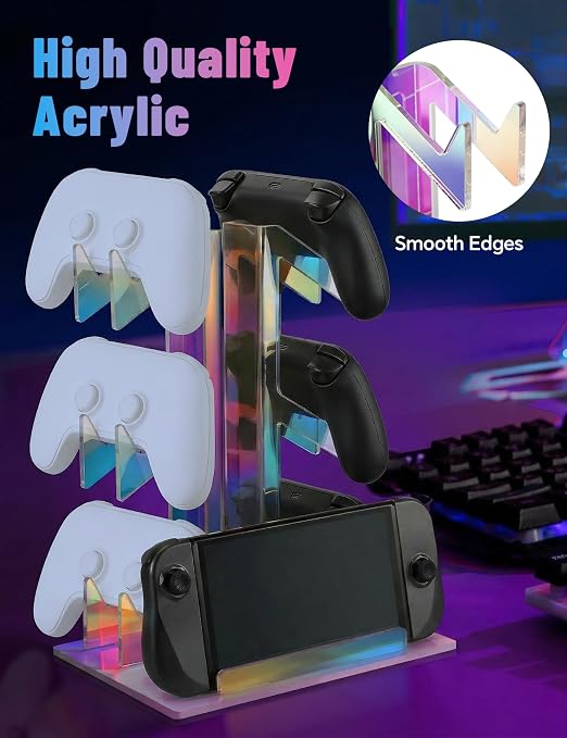 NiHome Iridescent Acrylic 3-Tier Game Controller Holder Headset Stand for PS5 Xbox ONE, Universal Game Controller Organizer Stand Anti-Slip Stable Gaming Accessories Stand (White Base) - Image 3