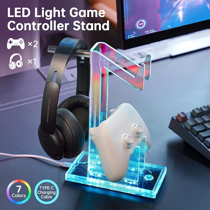 NiHome Controller Holder & Headphone Stand, LED Acrylic 2-Tier Gaming Desk | USB-Powered 7 Colors 3 Modes, Anti-Slip Headset Cable Management, Gamer Gift For PS5 Xbox - Image 2