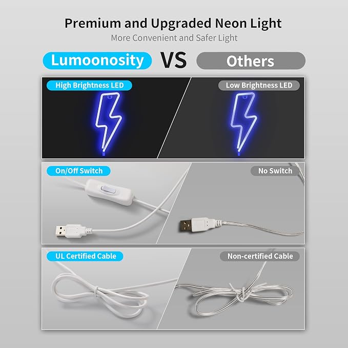 Lumoonosity Lightning Bolt Neon Signs, USB Powered Led Lightning Bolt Light with On/Off Switch, Lightning Neon Sign for Wall Decor, Hanging Led Signs, Neon Lights for Bedroom, Gaming Room Setup - Image 2