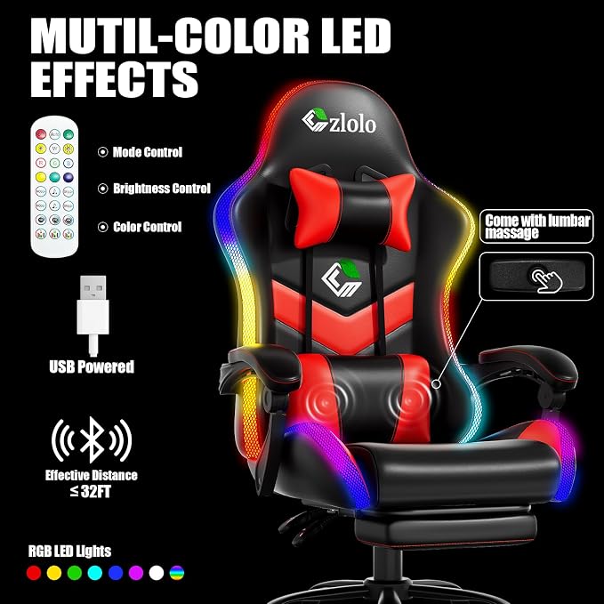 Czlolo Gaming Chair, RGB LED Lights Computer Chair with Footrest, Lumbar Support Massager Gamer Chair, High Back, 90-135° Reclining, Linkage Armrests, Crimson - Image 4