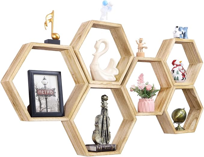 NOVIMANGO Hexagonal Floating Shelves Set of 6, Honeycomb Shelves by NORCEESAN