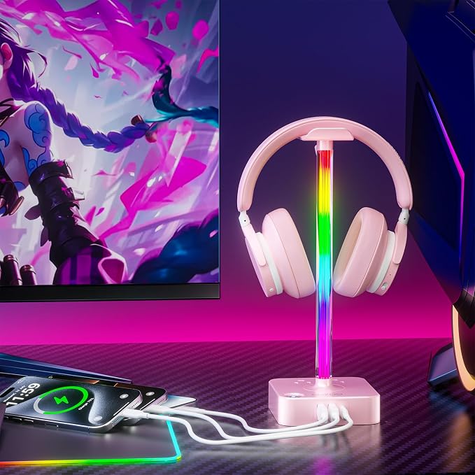 cozoo Headphone Stand with Charger, USB C, Gifts for Gamers Men, Pink Pro | Gaming Headset Stand Holder for Desk, 3 USB(1 USB C) and 2 AC Outlets Charging Ports, Headphone Hanger, Gamer Gifts for Men - Image 7