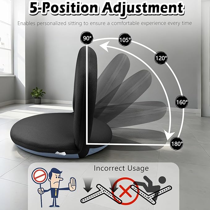 Floor Chair Floor Cushion Folding Padded Gaming Chair Adjustable 5-Position Floor Seat with Back Support for Kids Adult Great for Gaming Reading Meditating (Black) - Image 5