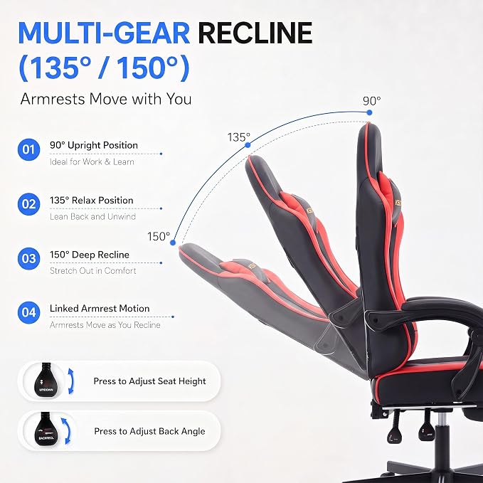 Desk Computer Gaming Chair - High Back Ergonomic Office Chair with Footrest and Lumbar Support, Swivel Comfy Home Gamer Video Game Chairs with Pocket Spring Cushion for Adults (Red Leather) - Image 7