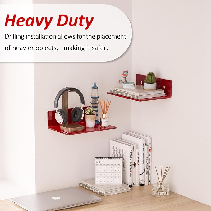 Sezanrpt 9 Inch Red Acrylic Small Wall Shelf, Home Wall Display Ledges for Storage, Room Décor, Space Saving, Items Organizer, 2 Pack - Image 3