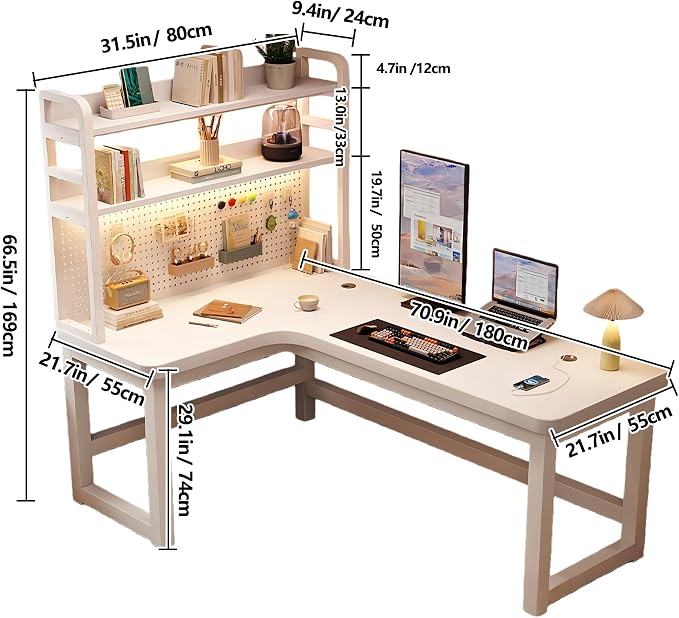 Modern L-Shaped Gaming Desk with DIY Pegboard, Corner Computer Table with Bookshelf and Storage Shelves, Sturdy White Metal Frame, Writing Workstation for Small Spaces(Black,Left,70.9in) - Image 2