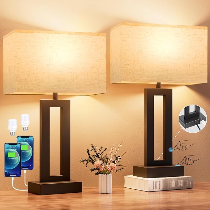Nightstand Table Lamps for Bedrooms Set of 2 - Touch Bedside Lamp with USB C+A, 3 Way Dimmable Living Room Lamps for End Tables Set of 2, Modern Night Stand Lamps for Bed Side Guest Room(Cream) - Image 2