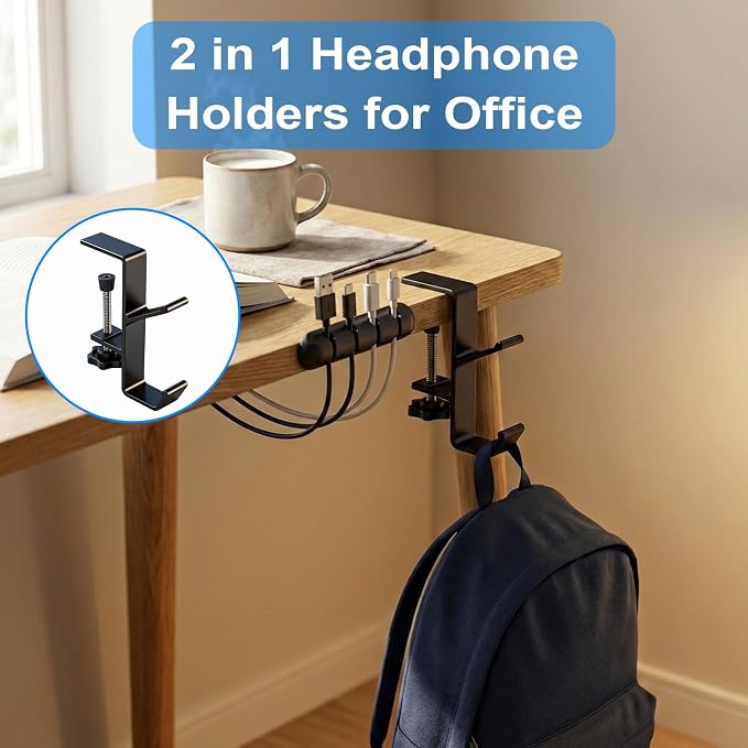 4 Pcs Under Headset Stand - Aluminum Alloy Headphone Holder for Desk | PC Gaming Headset Hanger Hook Suitable for Office,Computer, Class Desk, Handmade Creator Table, With 1 Cord Organizer, Black - Image 8